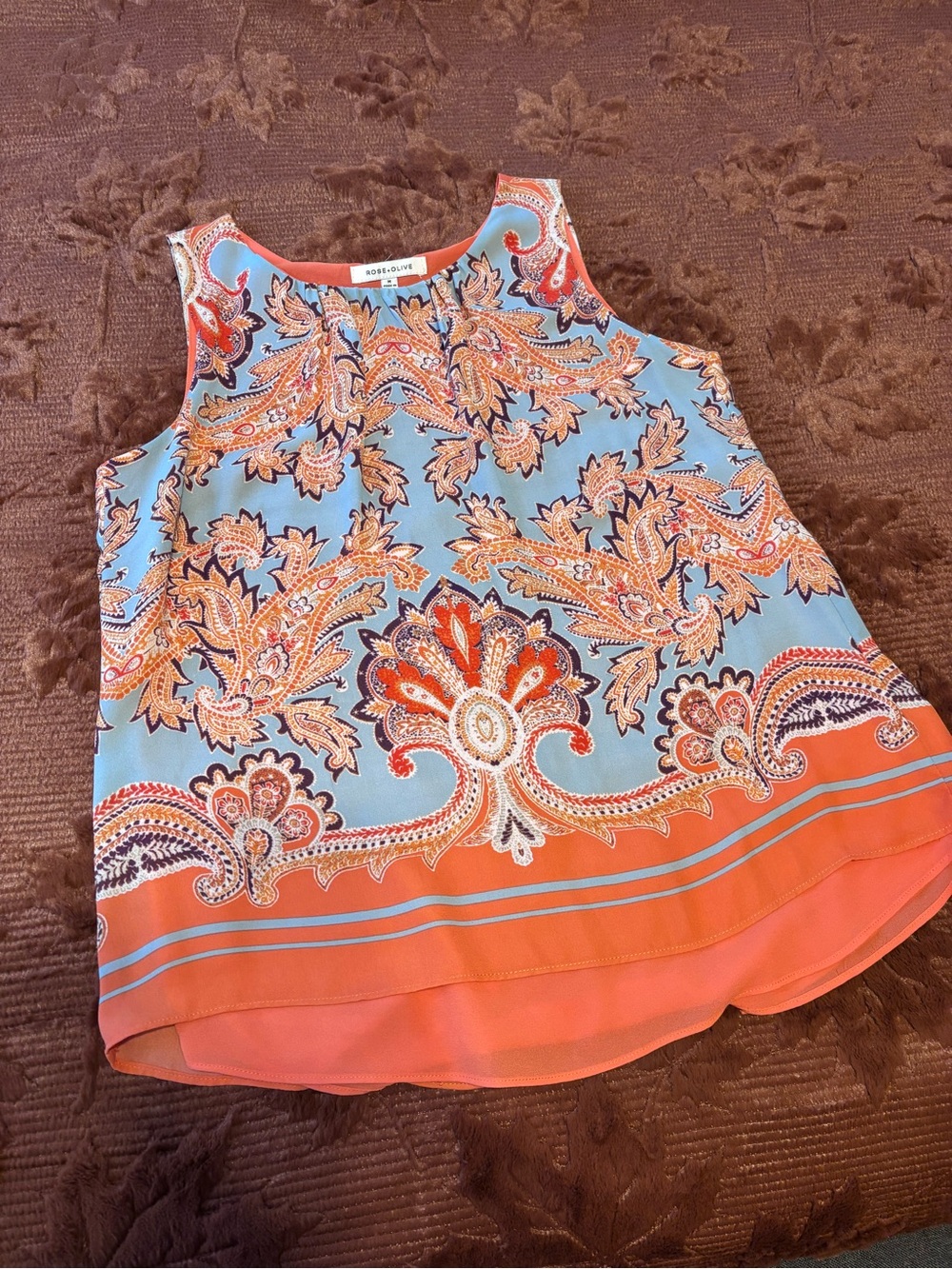 Rose & Olive Coral and Light Blue Paisley Print Sleeveless Camisole